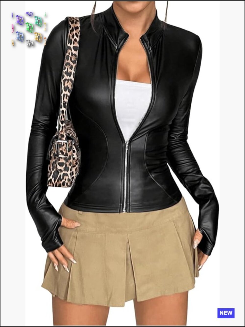 Faux Leather Jacket Thin Fleece Mock Neck Zip Up Long Sleeve Coat Outerwear Y2K